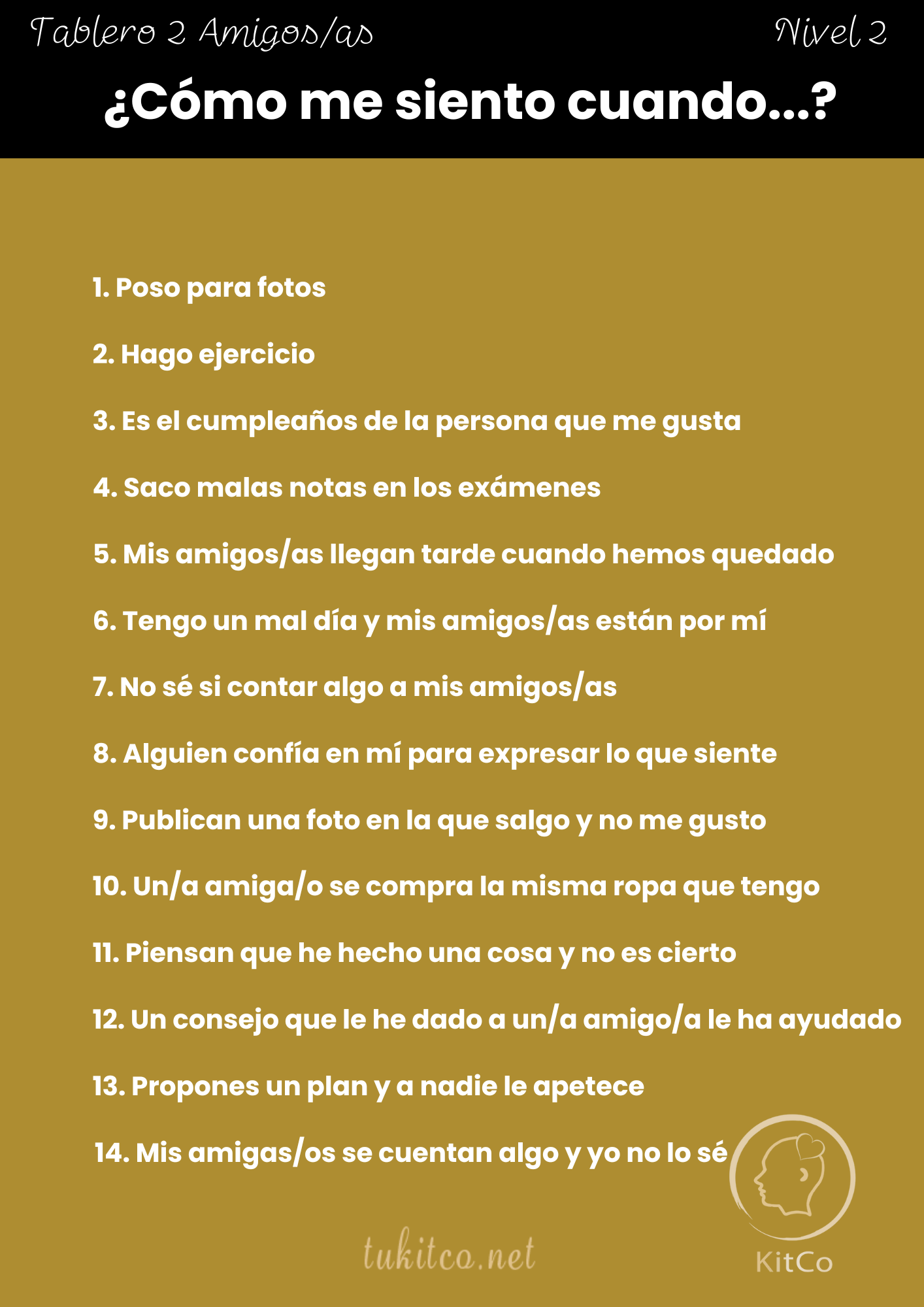 Tablero 2 Amigos/as, nivel 2: ¿Cómo me siento cuando…?