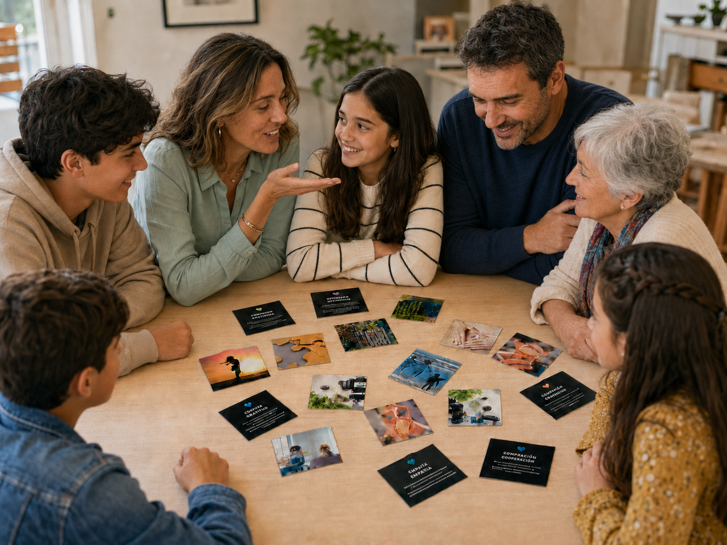 Familia utilizando KitCo alrededor de una mesa
